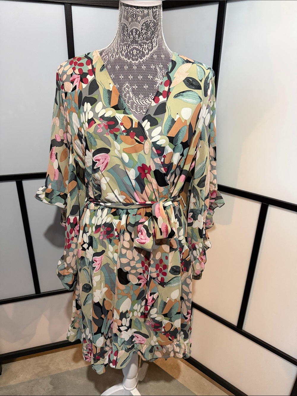 Botanical Print Wrap Midi Dress with Self-Tie Belt - Green Multi